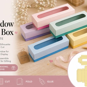 Puede incluir: Una colección de cajas de regalo con ventana de colores rosa, morado, verde, azul y amarillo. Cada caja tiene una ventana rectangular. La imagen también incluye una plantilla, tijeras y una etiqueta que dice "especially for you."
