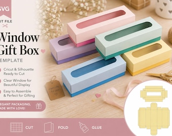 Window Gift Box SVG Template, Long Box with Window Cut File Cricut Silhouette, Macaron Cookie Treat Favor Box Packaging Instant Download