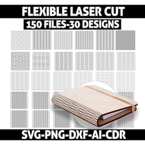 Può includere: Una collezione digitale di 150 file per taglio laser flessibile con 30 motivi geometrici distinti nei formati SVG, PNG, DXF, AI e CDR. L'immagine mostra una pila di copertine in legno chiaro con cerniere flessibili.