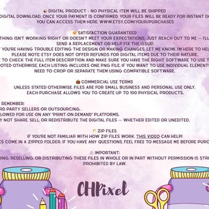 Puede incluir: Gr&aacute;fico de descarga digital con texto sobre detalles de productos digitales, garant&iacute;a de satisfacci&oacute;n, t&eacute;rminos de uso comercial y archivos zip. La imagen incluye un logotipo e ilustraciones de tarros, tijeras y l&aacute;pices. El fondo es morado y blanco suave.