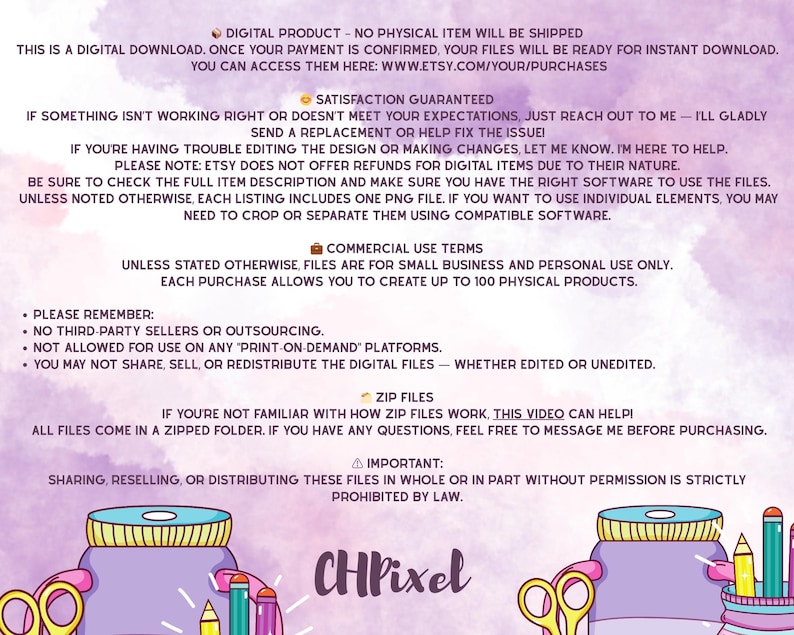 Puede incluir: Gr&aacute;fico de descarga digital con texto sobre detalles de productos digitales, garant&iacute;a de satisfacci&oacute;n, t&eacute;rminos de uso comercial y archivos zip. La imagen incluye un logotipo e ilustraciones de tarros, tijeras y l&aacute;pices. El fondo es morado y blanco suave.