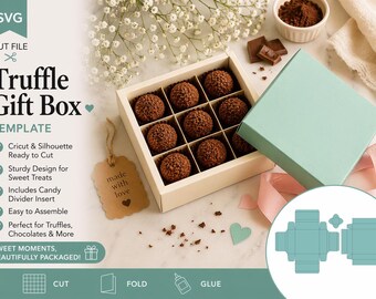 Truffle Gift Box SVG Template with Divider Insert, Chocolate Box Cut File Cricut Silhouette, Candy Box 9 Grid Treat Pack, Instant Download