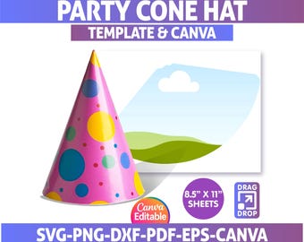 May include: A pink party cone hat with yellow, blue, and green polka dots. The image includes the text "PARTY CONE HAT TEMPLATE & CANVA" and "8.5" x 11" SHEETS". The design is available in SVG, PNG, DXF, PDF, EPS, and Canva formats.