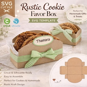 May include: A rustic kraft paper cookie favor box with a green gingham ribbon and bow. The box contains cookies and has the name "Thamara" on a label. The image includes text that says "Rustic Cookie Favor Box" and "SVG Template".