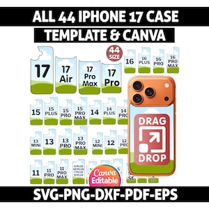 Puede incluir: Plantilla digital para fundas de iPhone, con varios tamaños y modelos, incluyendo iPhone 17, 16, 15, 14, 13, 12 y 11. El diseño incluye un gráfico de "Arrastrar y soltar" y es compatible con Canva. Los formatos de archivo son SVG, PNG, DXF, PDF y EPS.