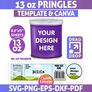 Op de afbeelding: Een paarse Pringles-blik sjabloon met de tekst "YOUR DESIGN HERE". De afbeelding bevat de tekst "13 oz", "8.5"x11" sheets" en "Canva Editable". De woorden "SVG-PNG-EPS-DXF-PDF" zijn ook opgenomen.