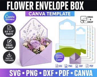 Flower Envelope Box Template, Canva Editable Flower Box, Bouquet Gift Box Template, Floral Envelope Box SVG, Printable Flower Packaging