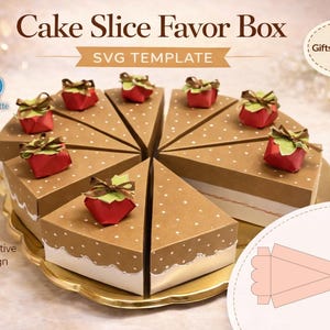 May include: A cake slice favor box, a DIY SVG template, is shown. The brown cardboard cake slices have white polka dots and are topped with red gift boxes. The text reads "Cake Slice Favor Box" and "SVG TEMPLATE". The design is "Cricut Ready" and "Easy to Assemble".