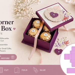 May include: A purple 4-corner gift box template with a lid decorated with a heart and floral accents. The box contains gold-wrapped chocolates. The image includes the text "4-Corner Gift Box Template" and instructions for cutting, folding, and gluing.