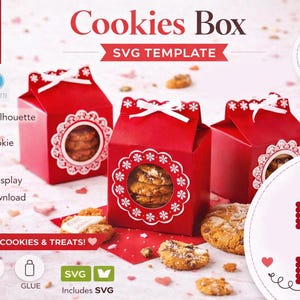 May include: Red cookie boxes with white decorative accents and a peekaboo window displaying cookies. The boxes are labeled "Cookies Box SVG Template" and are designed for festive cookie packaging. The image also includes the text "Great for Holidays & Weddings!"