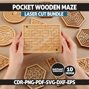 May include: A collection of laser-cut wooden mazes in various geometric shapes, including circles, triangles, and hexagons. The mazes are light brown and feature intricate path designs. The image includes the text "POCKET WOODEN MAZE LASER CUT BUNDLE" and "10 DESIGN".