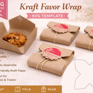 May include: Kraft favor wraps made of eco-friendly kraft paper. The image shows assembled wraps with cookies and treats, and unassembled wraps. The wraps are tied with twine and have decorative labels. The text on the image says "Kraft Favor Wrap" and "SVG Template."
