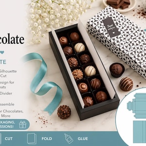 Könnte beinhalten: Eine offene, schwarze Schokoladenbox gefüllt mit verschiedenen Pralinen und Trüffeln. Daneben eine gemusterte Box mit den Worten "Sweet Moments". Das Bild enthält auch den Text "Chocolate Box Template". Ein blaues Band und weiße Blumen sind ebenfalls zu sehen.