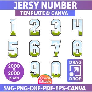 Puede incluir: Una plantilla de dise&ntilde;o digital con n&uacute;meros de camiseta del 0 al 9, cada uno con un paisaje en su interior. El dise&ntilde;o incluye el texto "JERSY NUMBER TEMPLATE & CANVA" y "SVG-PNG-DXF-PDF-EPS-CANVA". Un c&iacute;rculo morado indica "2000 x 2000 p&iacute;xeles".