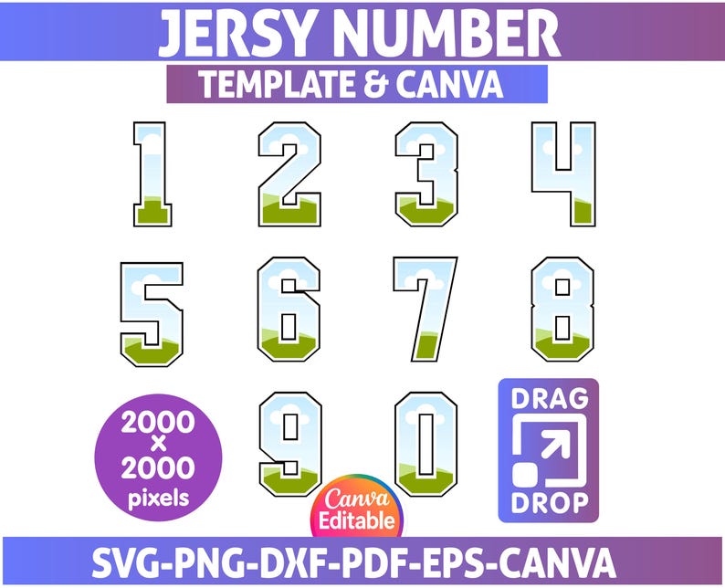 Puede incluir: Una plantilla de dise&ntilde;o digital con n&uacute;meros de camiseta del 0 al 9, cada uno con un paisaje en su interior. El dise&ntilde;o incluye el texto "JERSY NUMBER TEMPLATE & CANVA" y "SVG-PNG-DXF-PDF-EPS-CANVA". Un c&iacute;rculo morado indica "2000 x 2000 p&iacute;xeles".