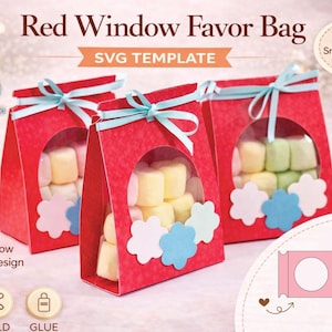 May include: Red favor bags with window cutouts, filled with colorful candies. The bags are red with light blue ribbon ties and cloud-shaped embellishments. Text on the image reads "Red Window Favor Bag" and "SVG Template".