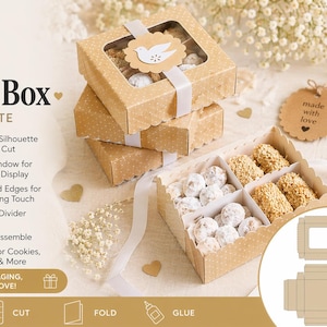 Könnte beinhalten: Geschenkbox-Vorlage mit transparentem Fenster, gewellten Kanten und einem Trenneinsatz. Die Boxen sind mit Keksen und Süßigkeiten gefüllt. Der Text auf dem Bild lautet "Gift Box Template" und "Sweet Packaging, Made with Love!"