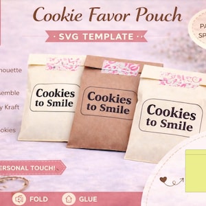 May include: Three cookie favor pouches in cream and brown kraft paper, each with the text "Cookies to Smile." The pouches are sealed with decorative tape and are part of an SVG template for Cricut and Silhouette machines.