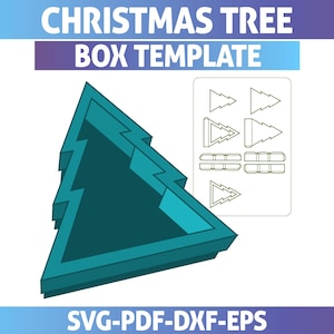 Puede incluir: Una plantilla de caja de árbol de Navidad de color turquesa con el texto "CHRISTMAS TREE BOX TEMPLATE" en la parte superior. La imagen también incluye un diagrama de los componentes de la caja y el texto "SVG-PDF-DXF-EPS" en la parte inferior.
