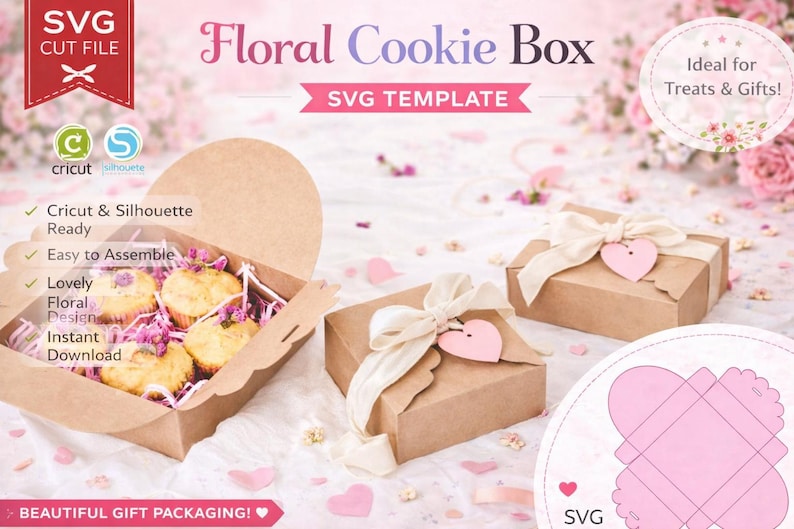 Cookie Box Design Basic Pattern Floral Cookie Box SVG Template | Gift Box SVG | Treat Box Cricut File ...