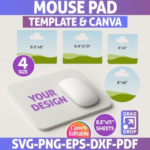 Bearbeitbares Mauspad-Vorlagenpaket: 4 Größen, Canva, SVG, PNG, PDF