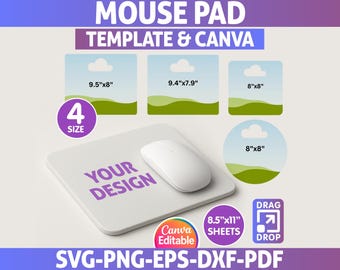 Plantillas de alfombrilla de ratón editables (4 tamaños, Canva, SVG, PNG, PDF)