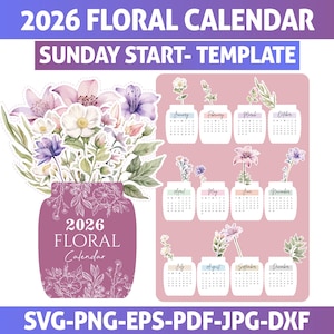 Può includere: Un modello di calendario floreale 2026 con inizio domenica. Il design presenta un bouquet di fiori ad acquerello in un vaso viola e calendari mensili individuali con accenti floreali. Il testo "2026 Floral Calendar" è incluso.