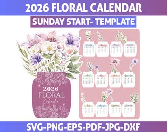 2026年 花カレンダー SVG バンドル: 日曜始まり 印刷可能 (デジタルダウンロード)