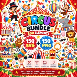 Puede incluir: Un conjunto gráfico digital titulado CIRCUS BUNDLE 300 ELEMENTS con ilustraciones coloridas de un maestro de ceremonias, payaso, mono, elefante, león, oso en monociclo, carrusel, noria, carpas de circo, palomitas y varios iconos.