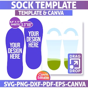 Może przedstawiać: Cyfrowy szablon skarpet z tekstem "SOCK TEMPLATE" i "TEMPLATE & CANVA". Projekt zawiera dwa fioletowe kontury skarpet z tekstem "YOUR DESIGN HERE". Szablon jest przeznaczony na arkusze 21,6 cm x 27,9 cm i skarpetki 8,4 cm x 22,9 cm.