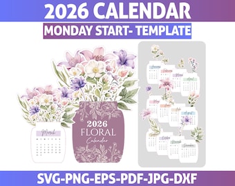 Calendario floral 2026 SVG: Calendario de escritorio imprimible (descarga digital)
