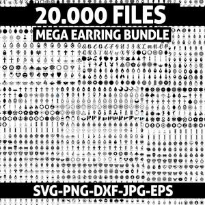May include: A digital collection of 20,000 earring designs presented as a mega bundle. The image features a grid of black and white icons including shapes like crosses, flowers, hearts, and letters, with the text 20,000 FILES MEGA EARRING BUNDLE.