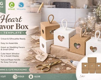 Heart Favor Box SVG Template, Wedding Favor Box Cut File for Cricut, Small Gift Box SVG, Candy Box with Handle, DIY Paper Packaging