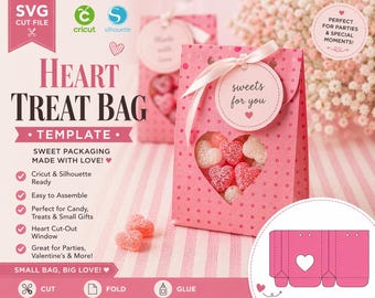 Heart Treat Bag SVG | Valentine Favor Bag Template | Candy Gift Bag Cricut Silhouette Cut File | DIY Party Favor Packaging