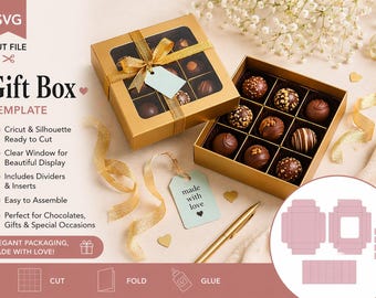 Chocolate Box SVG Template with Dividers | Luxury Gift Box SVG | Candy Box with Window | Cricut Silhouette Packaging File