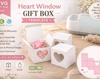 Heart Window Gift Box SVG Template, Candy Box Cut File for Cricut, Small Favor Box SVG, Valentine Gift Packaging, DIY Paper Box