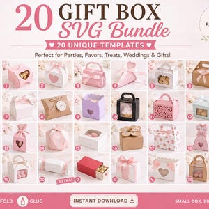 May include: A pink and white graphic with the text "20 GIFT BOX SVG Bundle" and "20 UNIQUE TEMPLATES". The image displays 20 different gift box designs, perfect for favors, treats, weddings, and gifts. Includes SVG, DXF, EPS, and PNG files.