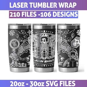 May include: Three black stainless steel tumblers with laser-etched designs. The tumblers feature military-themed graphics, including an eagle, flags, and soldier silhouettes. Text on the tumblers includes "SOLDIER" and "RANK". The tumblers are available in 20oz and 30oz sizes.