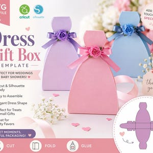 May include: Three pastel-coloured dress-shaped gift boxes: lavender, pink, and blue. Each box is decorated with a ribbon and a rose. The image includes text that reads "Dress Gift Box Template" and "Perfect for Weddings & Baby Showers!"