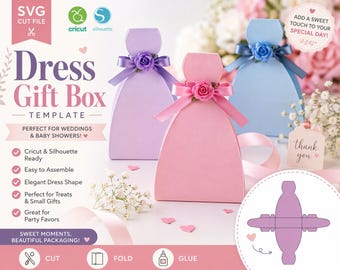 Modello SVG per scatola regalo a forma di abito / Scatola per bomboniere di matrimonio / Scatola per dolcetti per baby shower / File di taglio per Cricut Silhouette / Confezione fai da te per bomboniere