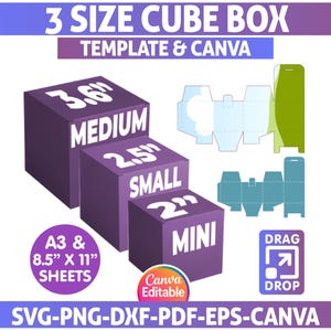 Würfel Geschenkbox Vorlage SVG: 3 Größen, bearbeitbares Canva Design (Digitaler Download)