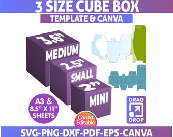 Modello di scatola regalo a cubo SVG: 3 dimensioni, design Canva modificabile (download digitale)