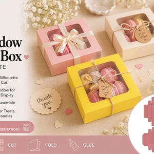 May include: Pink and yellow window gift boxes filled with macarons, tied with twine and ribbons. The boxes have clear windows and are labeled with tags that say "made with love" and "for you". The image also includes a "thank you" tag.