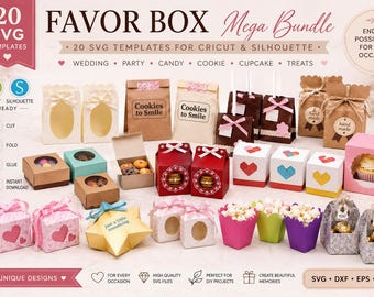 20 Party Packaging SVG Bundle | Treat Box Templates for Cricut | Candy Cookie Cupcake Favor Boxes | Wedding DIY Gift Packaging Files