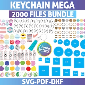 Op de afbeelding: Een digitale bundel sleutelhangerontwerpen met de tekst "KEYCHAIN MEGA 2000 FILES BUNDLE". De afbeelding bevat verschillende vormen, patronen en maten, met afmetingen in centimeters. De ontwerpen omvatten letters, sportballen en bloemmotieven.