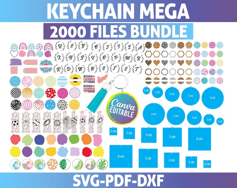 Op de afbeelding: Een digitale bundel sleutelhangerontwerpen met de tekst "KEYCHAIN MEGA 2000 FILES BUNDLE". De afbeelding bevat verschillende vormen, patronen en maten, met afmetingen in centimeters. De ontwerpen omvatten letters, sportballen en bloemmotieven.