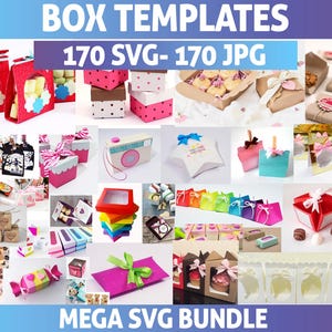 Pode incluir: Uma colagem de vários modelos de caixas em diferentes formas e cores. A imagem inclui caixas com bolinhas, laços e janelas transparentes. O texto na parte superior diz "BOX TEMPLATES 170 SVG - 170 JPG" e na parte inferior "MEGA SVG BUNDLE".