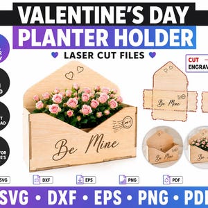 May include: A laser-cut wooden planter holder shaped like an envelope with the text Be Mine and two small hearts engraved on the front. The design includes a postal stamp graphic and is intended for 3mm wood. Includes SVG, DXF, EPS, PNG, and PDF files.