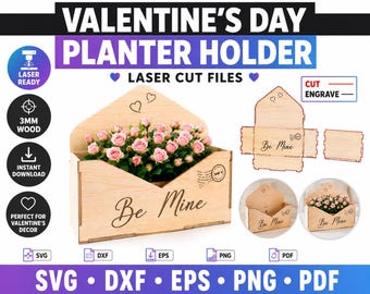 Valentine's Day Planter Holder SVG, Envelope Flower Box Laser Cut File, Wooden Flower Pot Holder Template, Gift Box SVG, Glowforge SVG