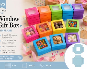 Mini Window Favor Box SVG Template, Small Candy Box Cut File Cricut, Party Favor Window Box Rainbow Treat Packaging Instant Download